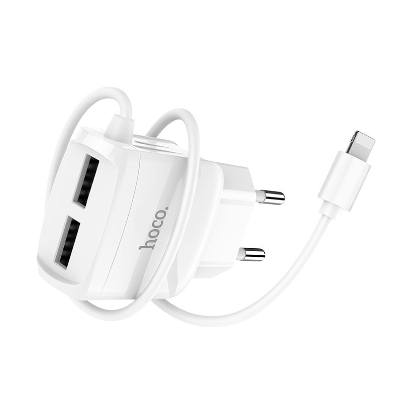 УЗУ блок-сеть_выходы USB 2100 mA/USB 2100 mA_+ usb кабель Lightning_HOCO_C59A_белый