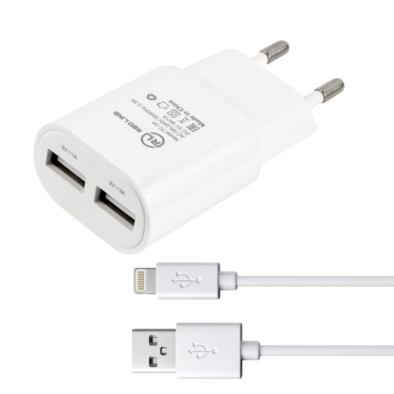 УЗУ блок-сеть_выходы USB 3000 mA/USB 1000 mA_+ usb кабель Lightning_Red Line_ТС-3A_белый