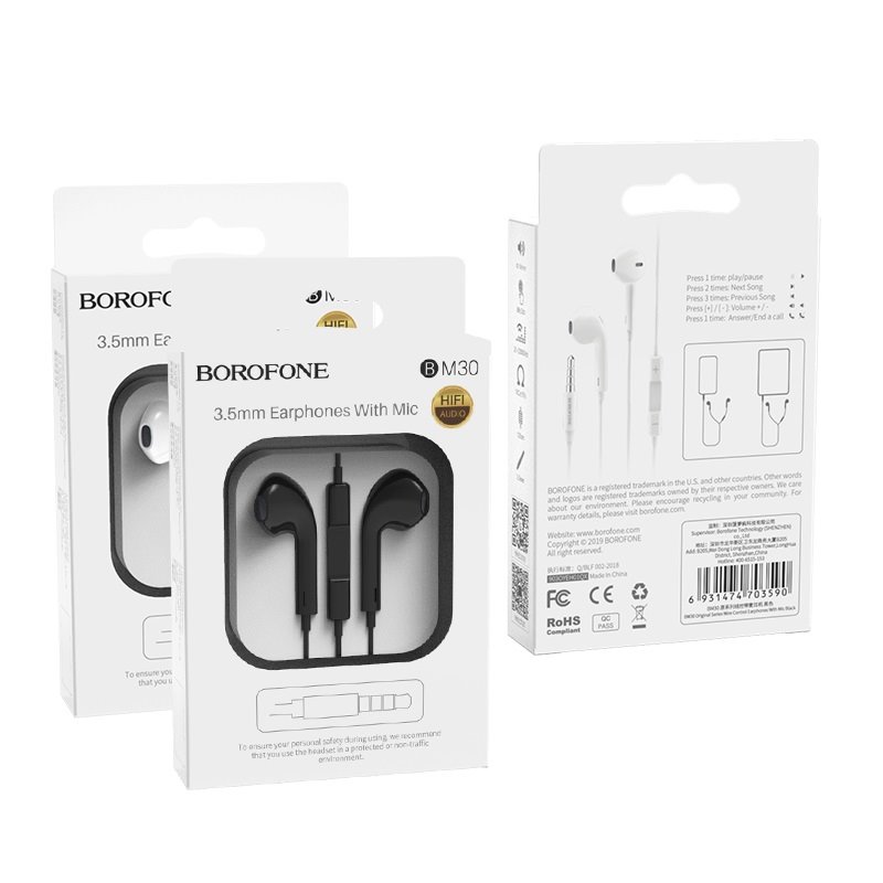 Гарнитура_Borofone_BM30_вкладыши_черная_оригинал