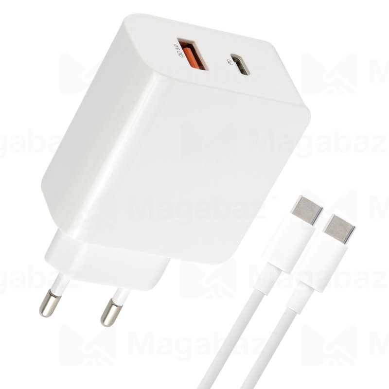 УЗУ блок-сеть_выходы USB Type-C 3000 mA/USB 3000 mA_+ usb кабель Type-C на Type-C_Red Line_PD-30_бел