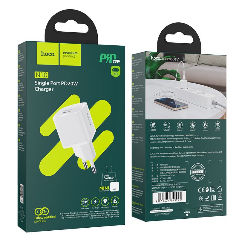 УЗУ блок-сеть_выход USB Type-C 3000 mA_HOCO_N10_белый_QC3.0