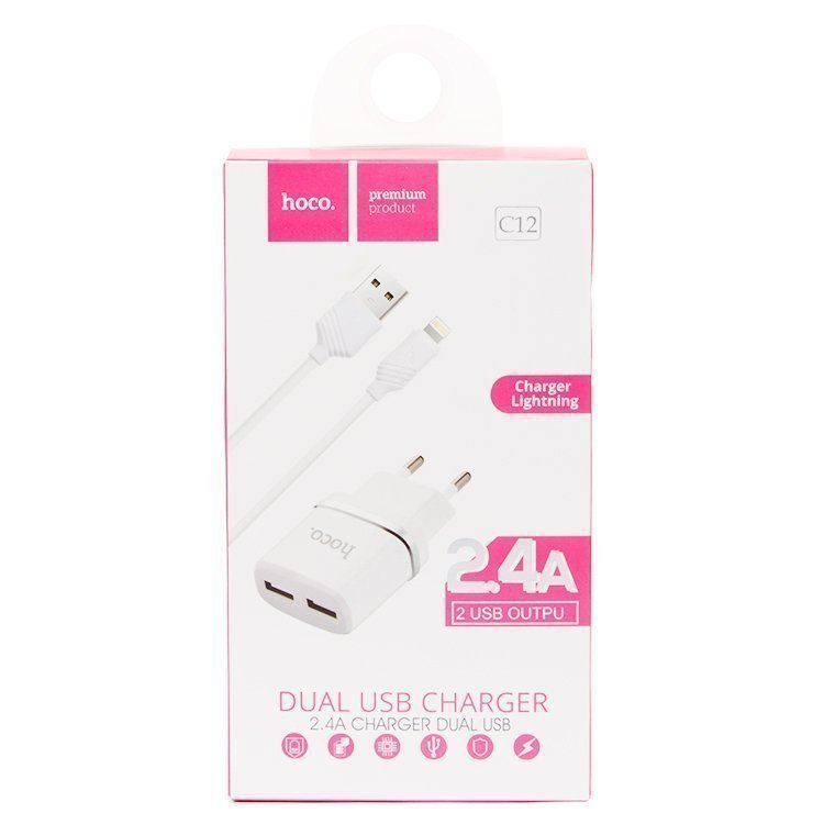 УЗУ блок-сеть_выходы USB 2400 mA/USB 2400 mA_+ usb кабель Lightning_HOCO_C12_белый