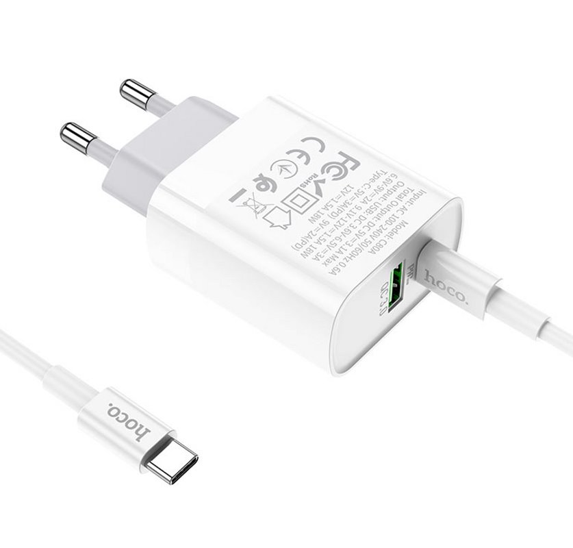 УЗУ блок-сеть_выходы USB Type-C 2000 mA/USB 3000 mA_+ usb кабель Type-C на Type-C_HOCO_C80А_белый