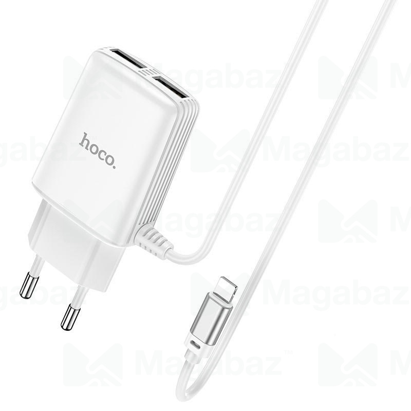 УЗУ блок-сеть_выходы USB 2400 mA/USB 2400 mA_+ usb кабель Lightning_огнестойкий_HOCO_C82A_белый