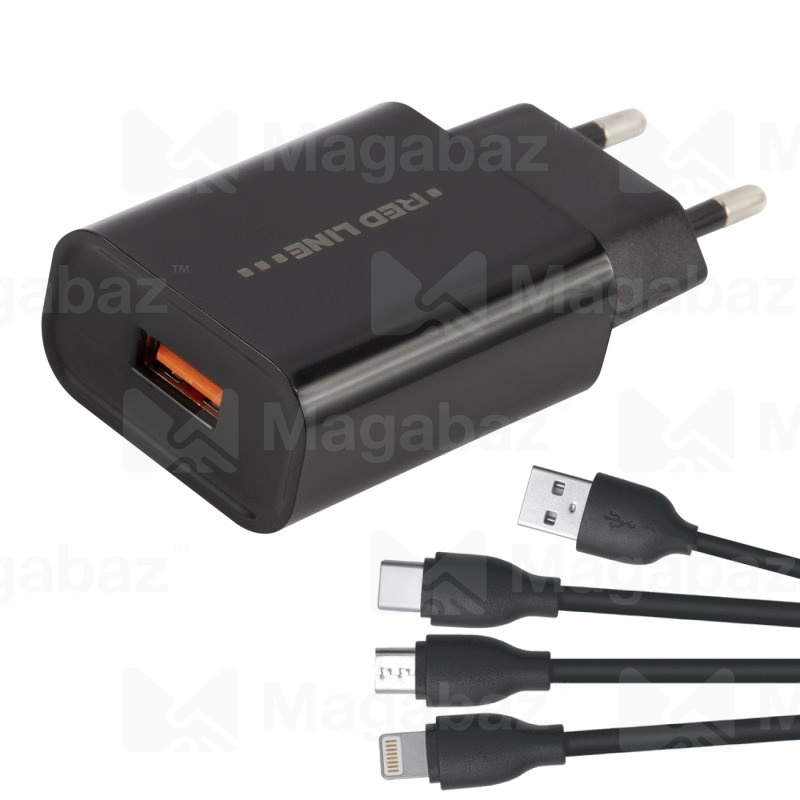УЗУ блок-сеть_выход USB 2000 mA_+ usb кабель 3 в1 на micro/Lightning/Type-C_Red Line_NQC1-3A_черный_