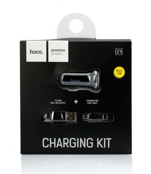 УЗУ_Блок авто_выходы USB 2100 mA/USB 2100 mA_+ usb кабель micro_HOCO_Z1_черный