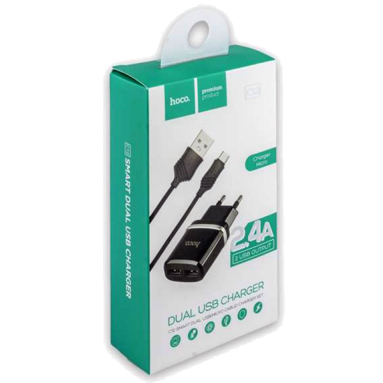 УЗУ блок-сеть_выходы USB 2400 mA/USB 2400 mA_+ usb кабель micro_HOCO_C12_черный