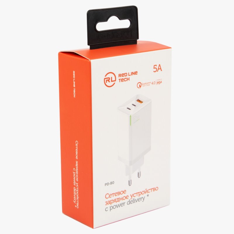 УЗУ блок-сеть_выходы USB Type-C 3250 mA/USB Type-C 3250 mA/USB 3250 mA_Red Line_PD-80_PD65_белый_QC4