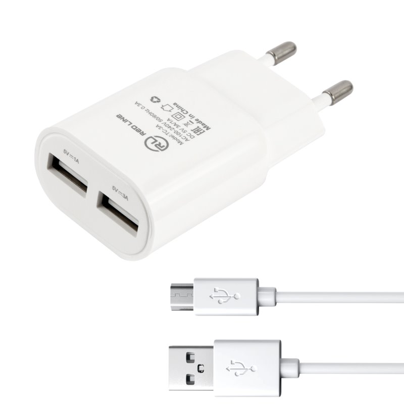 УЗУ блок-сеть_выходы USB 3000 mA/USB 1000 mA_+ usb кабель micro_Red Line_ТС-3A_белый