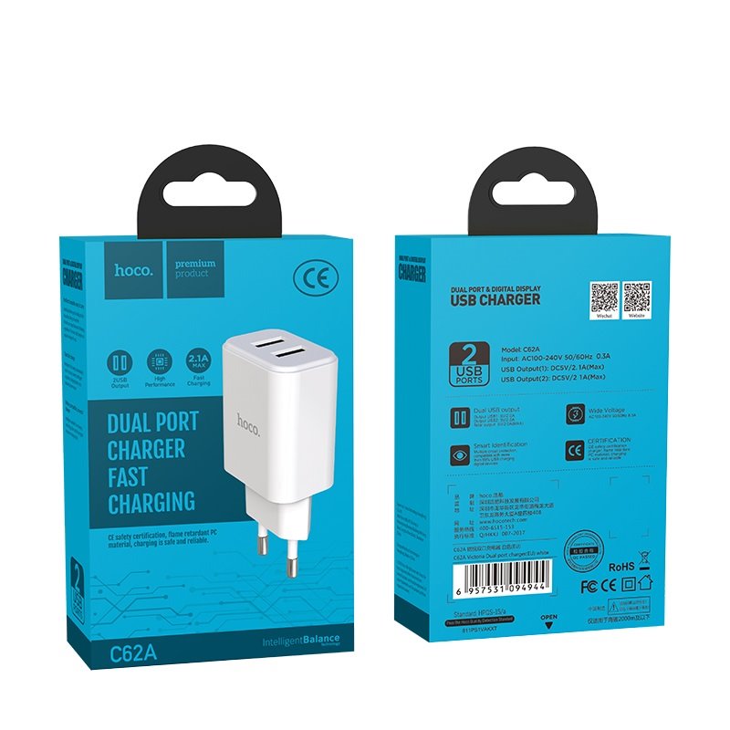 УЗУ блок-сеть_выходы USB 2100 mA/USB 2100 mA_HOCO_C62A_белый
