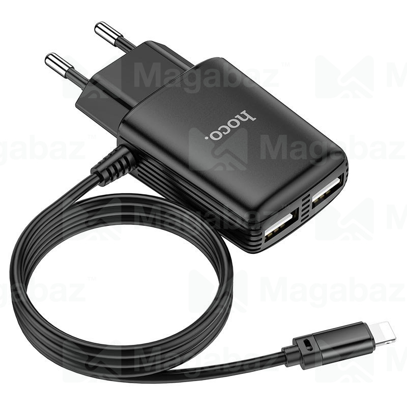 УЗУ блок-сеть_выходы USB 2400 mA/USB 2400 mA_+ usb кабель Lightning_огнестойкий_HOCO_C82A_черный