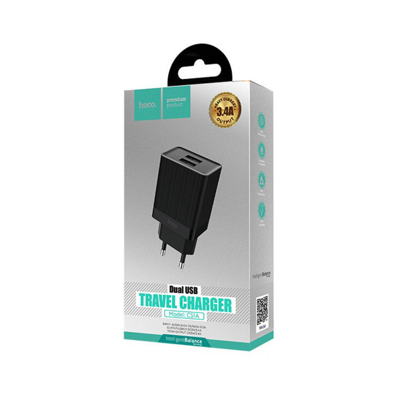 УЗУ блок-сеть_выходы USB 3400 mA/USB 3400 mA_HOCO_С51A_черный