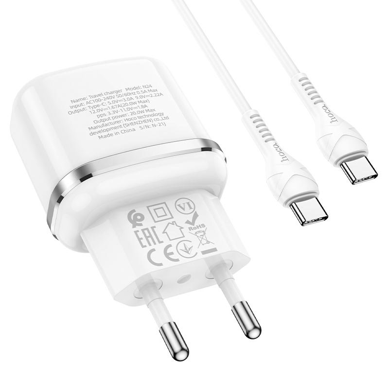 УЗУ блок-сеть_выход USB Type-C 3000 mA + usb кабель Type-C на Type-C_HOCO_N24_PD20W_PD3.0_белый_QC3.