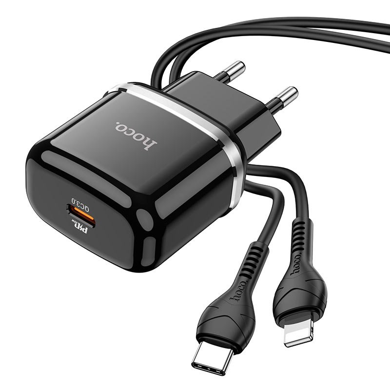 УЗУ блок-сеть_выход USB Type-C 3000 mA + usb кабель Type-C на Lightning_HOCO_N24_PD20W_PD3.0_черный_