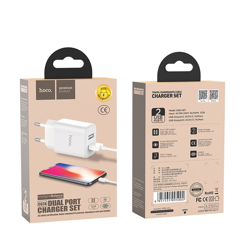 УЗУ блок-сеть_выходы USB 2100 mA/USB 2100 mA_+ usb кабель Lightning_HOCO_C62A_белый