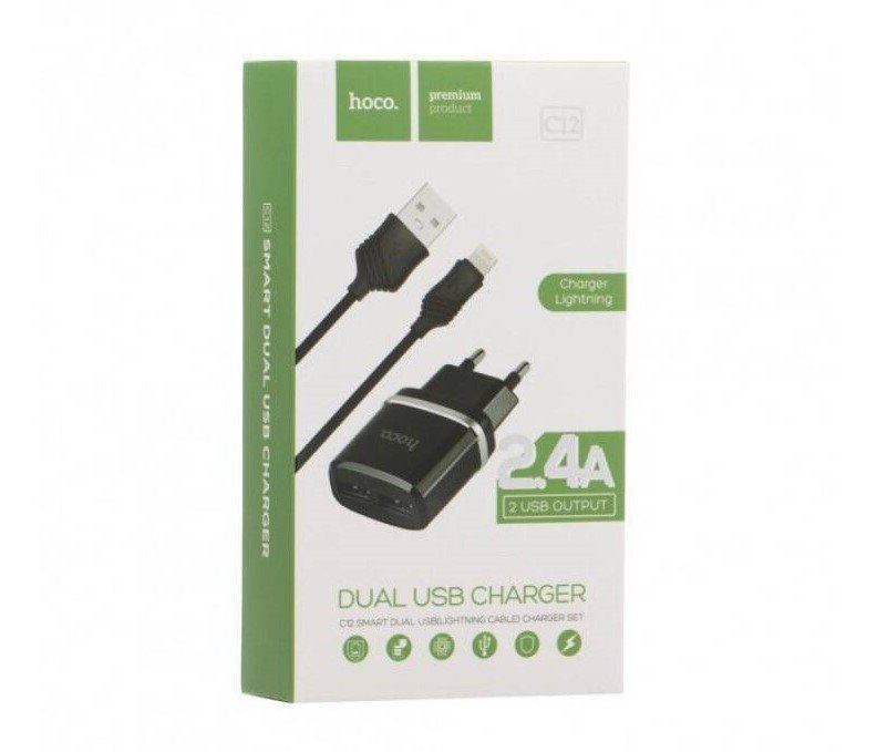 УЗУ блок-сеть_выходы USB 2400 mA/USB 2400 mA_+ usb кабель Lightning_HOCO_C12_черный