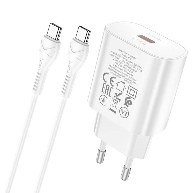 УЗУ блок-сеть_выход USB Type-C 3000 mA + usb кабель Type-C на Type-C_HOCO_N22_PD25W_PD3.0_белый_QC3.