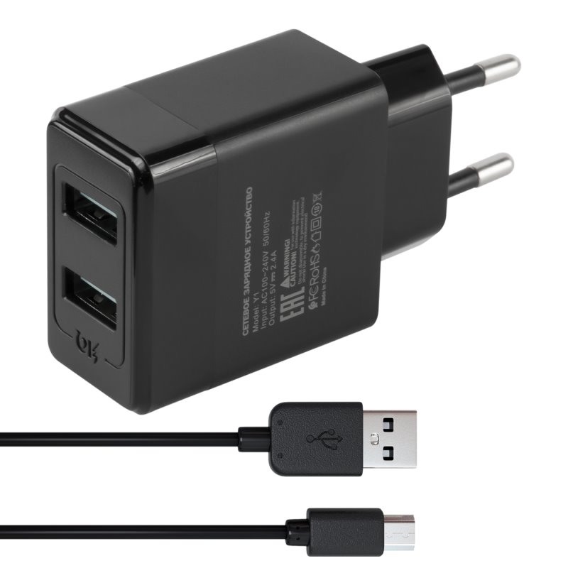 УЗУ блок-сеть_выходы USB 2400 mA/USB 2400 mA_+ usb кабель micro_Red Line_Y1_черный