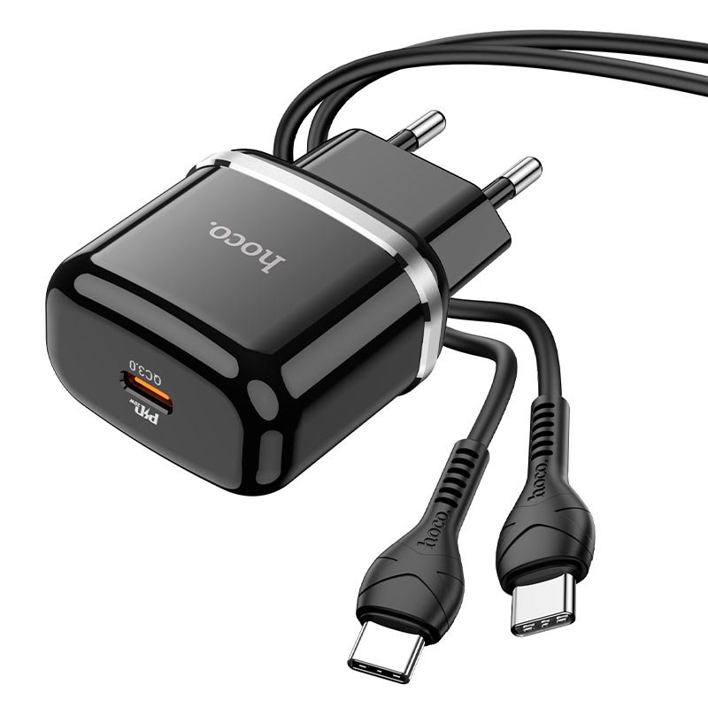 УЗУ блок-сеть_выход USB Type-C 3000 mA + usb кабель Type-C на Type-C_HOCO_N24_PD20W_PD3.0_черный_QC3