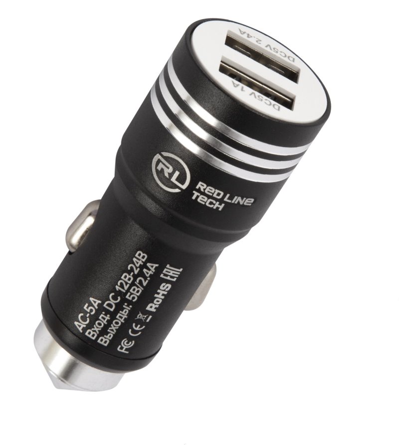 УЗУ_Блок авто_выходы USB 1000 mA/USB 2400 mA_Red Line_АC-5А_черный