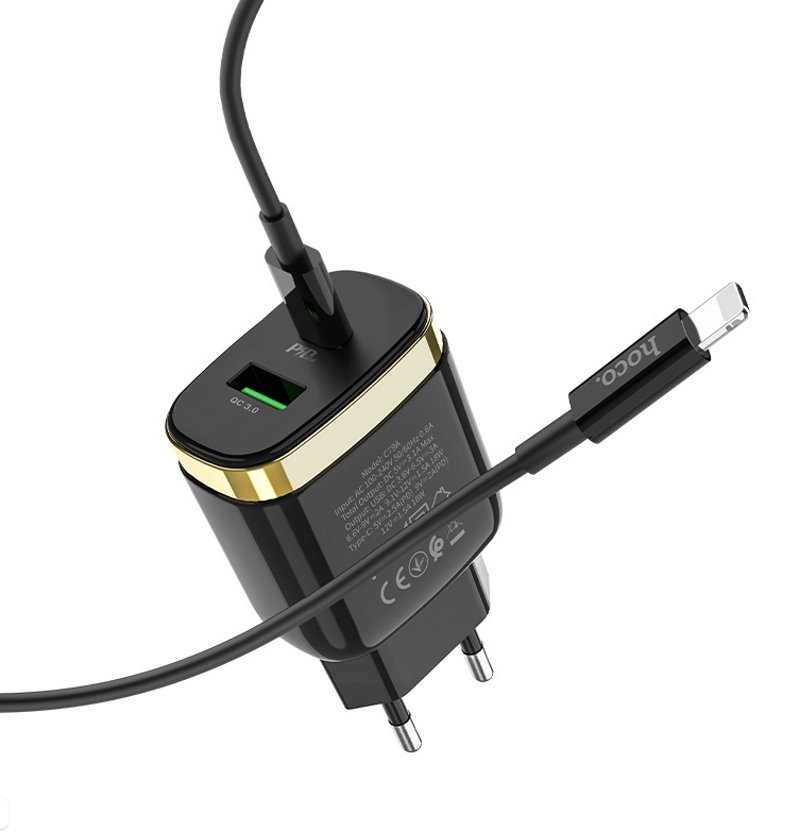 УЗУ блок-сеть_выходы USB Type-C 2500 mA/USB 3000 mA_+ usb кабель Type-C на Lightning_HOCO_C79A_черны