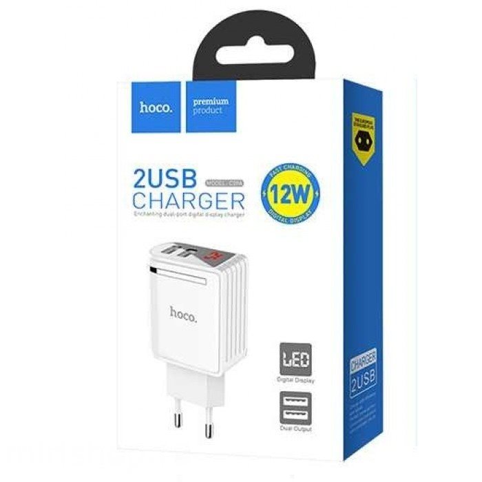 УЗУ блок-сеть_выходы USB 2400 mA/USB 2400 mA_LED дисплей_HOCO_C39A_белый