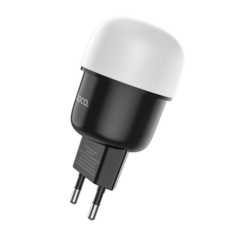 УЗУ блок-сеть_выходы USB 2400 mA/USB 2400 mA + ночник + сенсорный выключатель_HOCO_C87A_черный