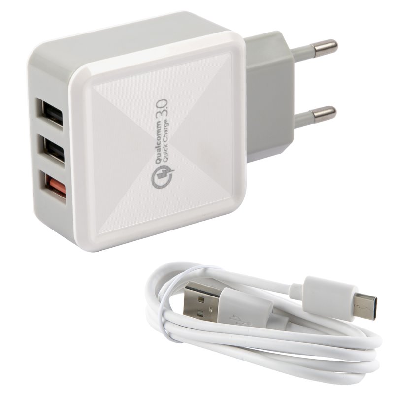 УЗУ блок-сеть_выходы USB 2400 mA/USB 2400 mA/USB 2400 mA + usb кабель Type-C_Red Line_NQC-3A_белый