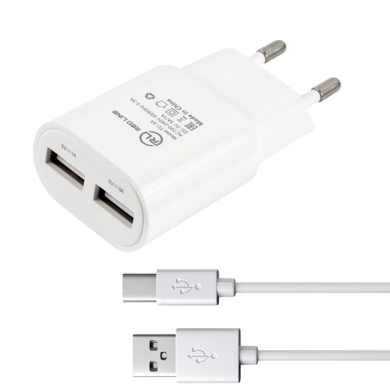 УЗУ блок-сеть_выходы USB 3000 mA/USB 1000 mA_+ usb кабель Type-C_Red Line_ТС-3A_белый