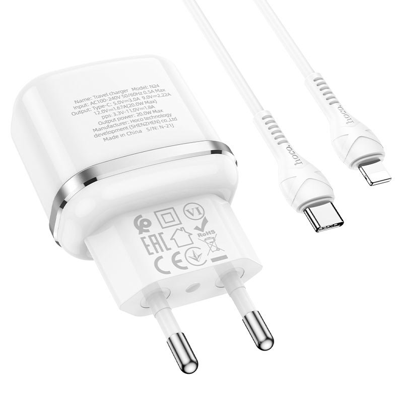 УЗУ блок-сеть_выход USB Type-C 3000 mA + usb кабель Type-C на Lightning_HOCO_N24_PD20W_PD3.0_белый_Q