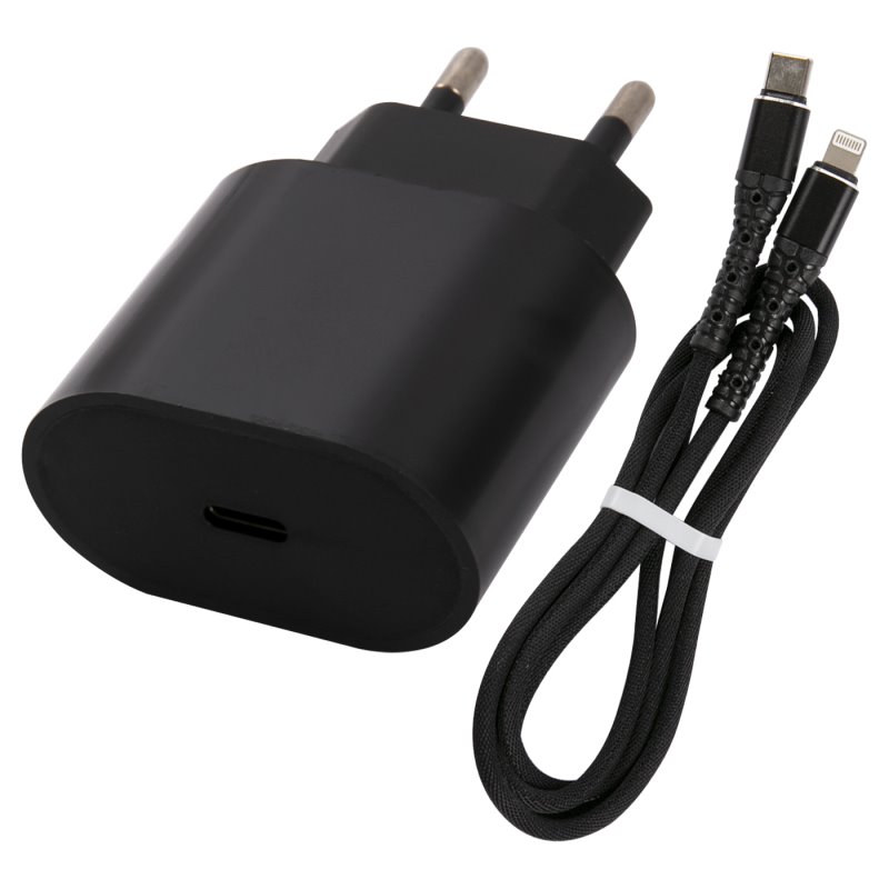 УЗУ блок-сеть_выход USB Type-C 3000 mA + usb кабель Lightning_тканевая оплетка_Red Line_PD1-3A_PD 18