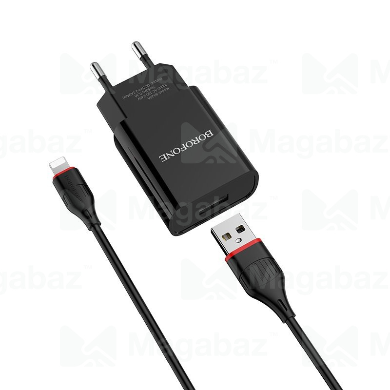 УЗУ блок-сеть_выход USB 2100 mA_+ usb кабель Lightning_Borofone_BA20A_черный