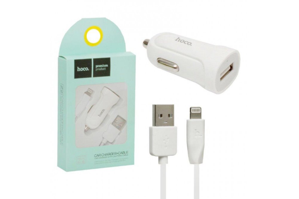 УЗУ_Блок авто_выход USB 1500 mA_+ usb кабель Lightning_HOCO_Z2_белый