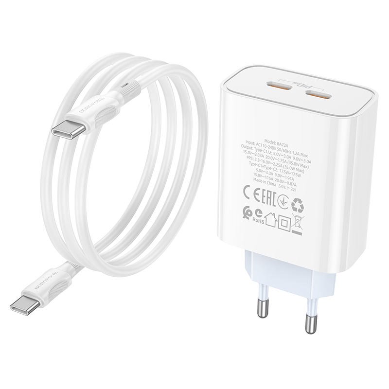 УЗУ блок-сеть_выходы USB Type-C 2100 mA/USB Type-C 2100 mA_+ usb кабель Type-C на Type-C_Borofone_BA