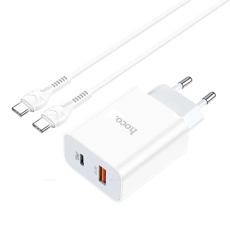 УЗУ блок-сеть_выходы USB Type-C 3000 mA/USB 3000 mA + usb кабель Type-C на Type-C_HOCO_C97A_PD20W_бе