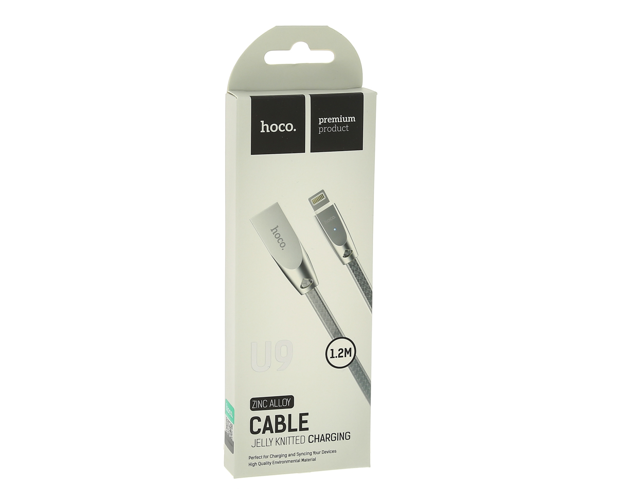USB-кабель_Apple-- Lightning_HOCO_U9_силиконовый_плоский_с индикатором_серебристый_1,2м