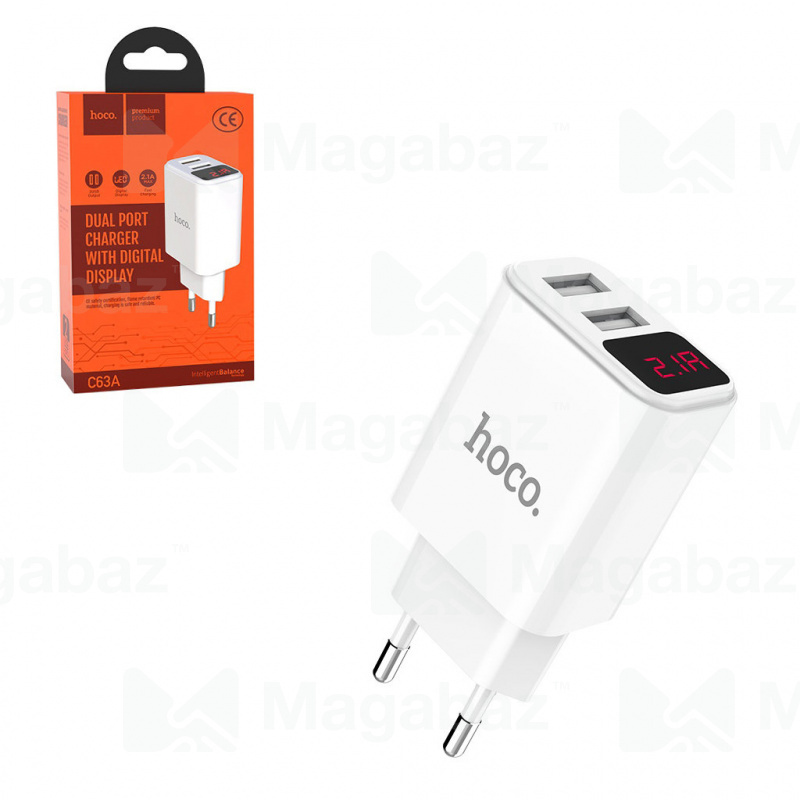 УЗУ блок-сеть_выходы USB 2100 mA/USB 2100 mA_LED дисплей_HOCO_C63A_белый
