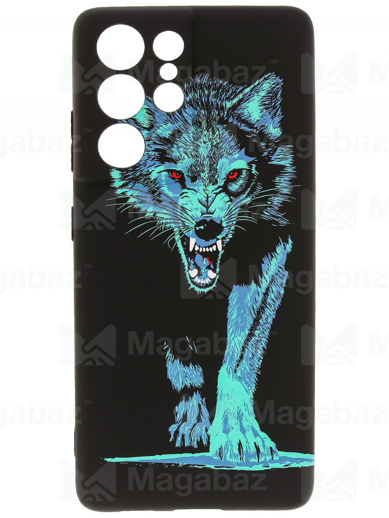 Накладка для_Samsung-- S21 Ultra_1.095-1_Helsen_с защитой КАМЕРЫ_животные_J74_волк бирюза