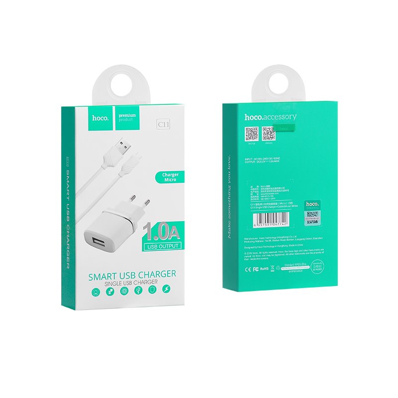 УЗУ блок-сеть_выход USB 1000 mA_+ usb кабель micro_HOCO_C11_белый