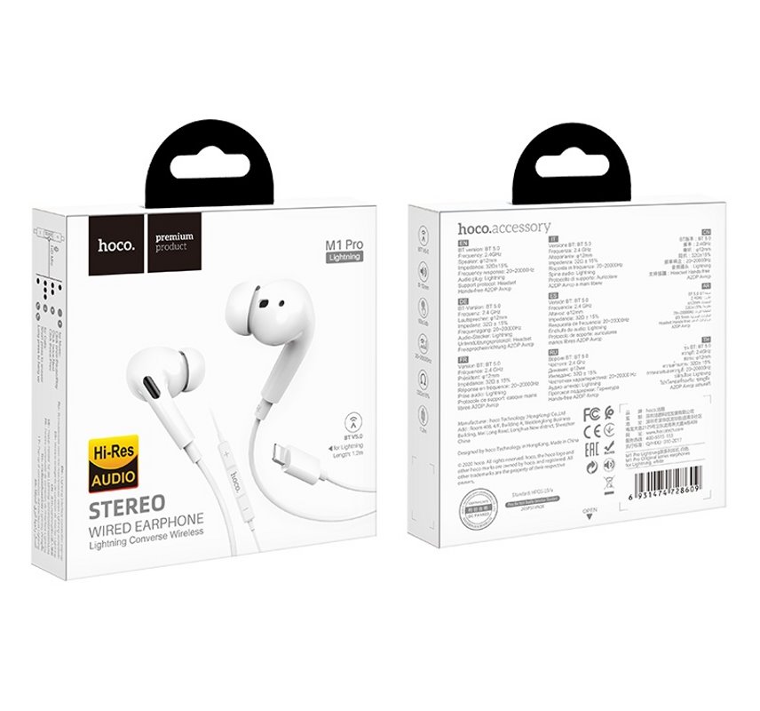 Гарнитура_HOCO_M1 Pro_Apple--Lightning_внутриканальная_белая_оригинал