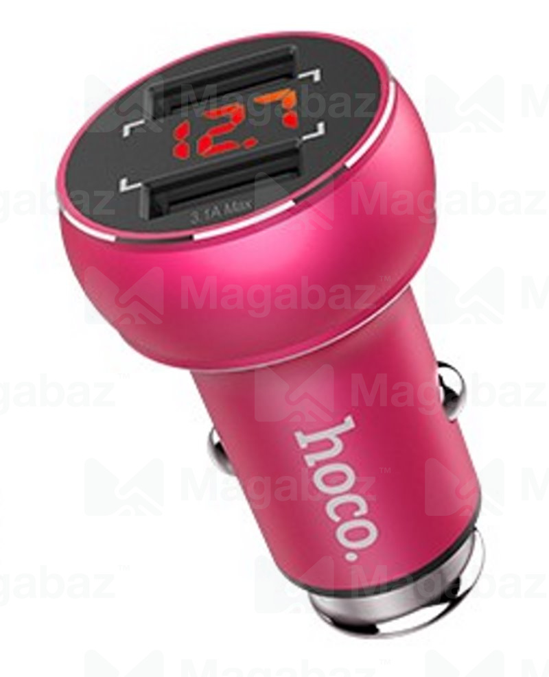 УЗУ_Блок авто_выходы USB 3100 mA/USB 3100 mA_цифровой дисплей_HOCO_Z22_розовый