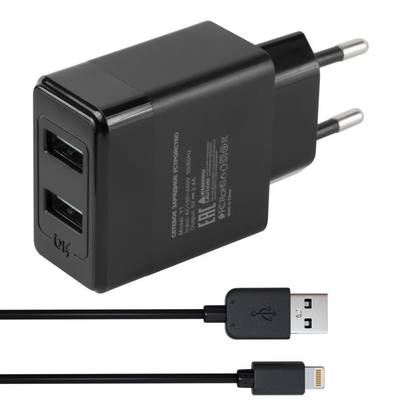 УЗУ блок-сеть_выходы USB 2400 mA/USB 2400 mA_+ usb кабель Lightning_Red Line_Y1_черный