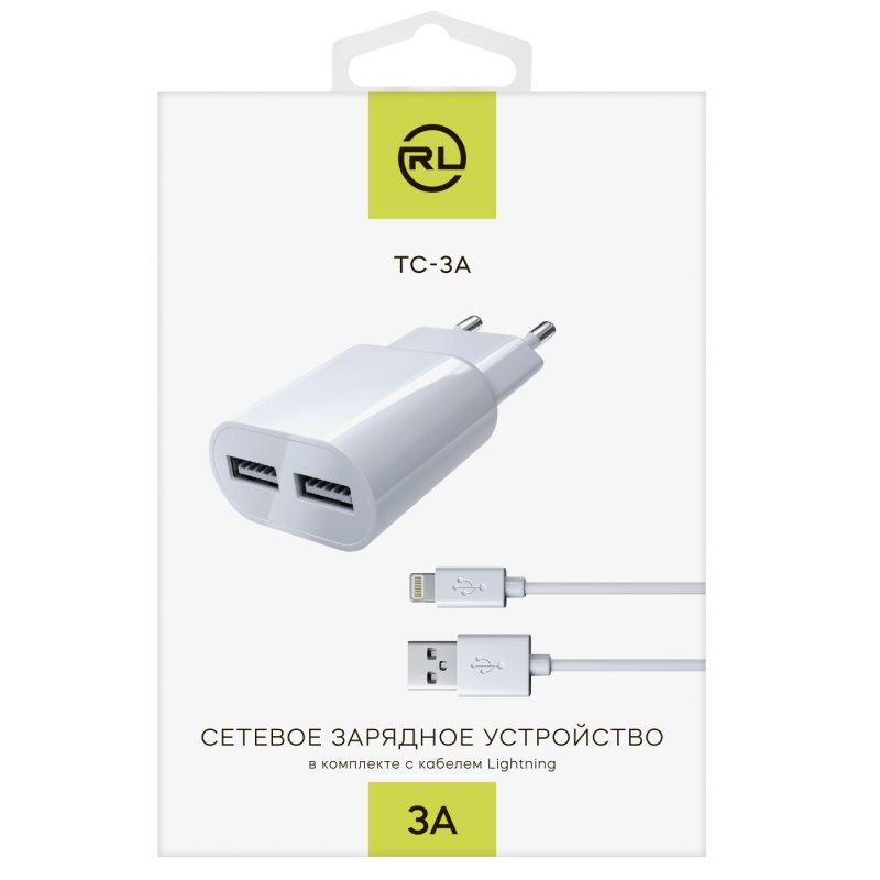 УЗУ блок-сеть_выходы USB 3000 mA/USB 1000 mA_+ usb кабель Lightning_Red Line_ТС-3A_белый