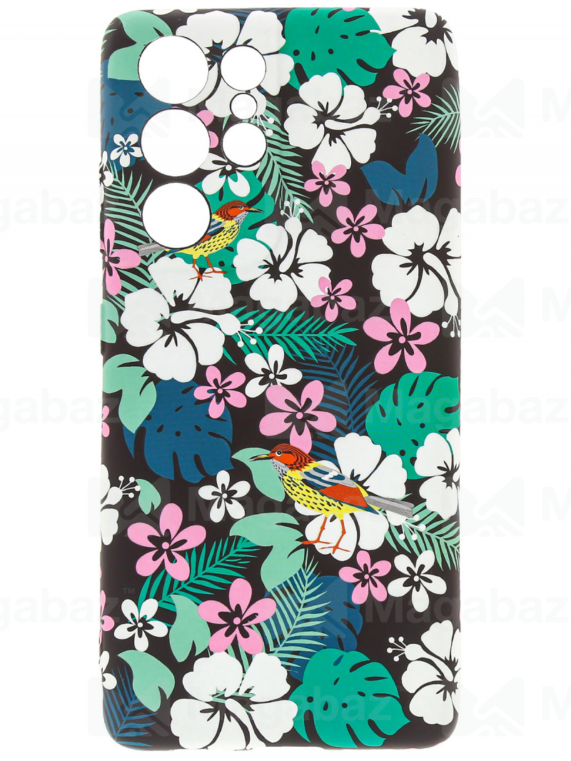 Накладка для_Samsung-- S21 Ultra_1.095-1_Helsen_с защитой КАМЕРЫ_цветы - птицы_H11