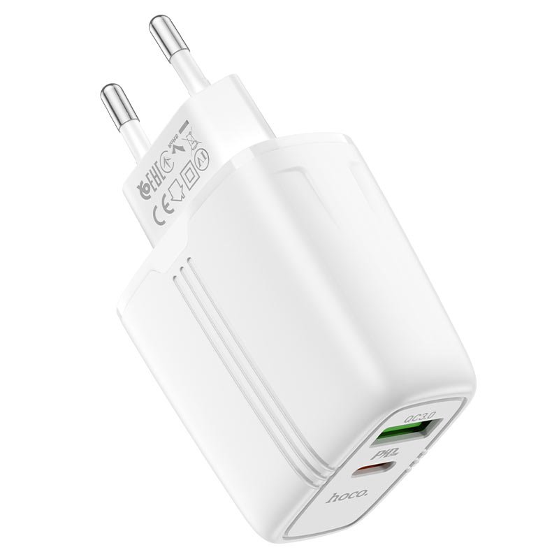 УЗУ блок-сеть_выходы USB Type-C 3000 mA/USB 3000 mA_HOCO_N11_PD20W_белый_QC 3.0