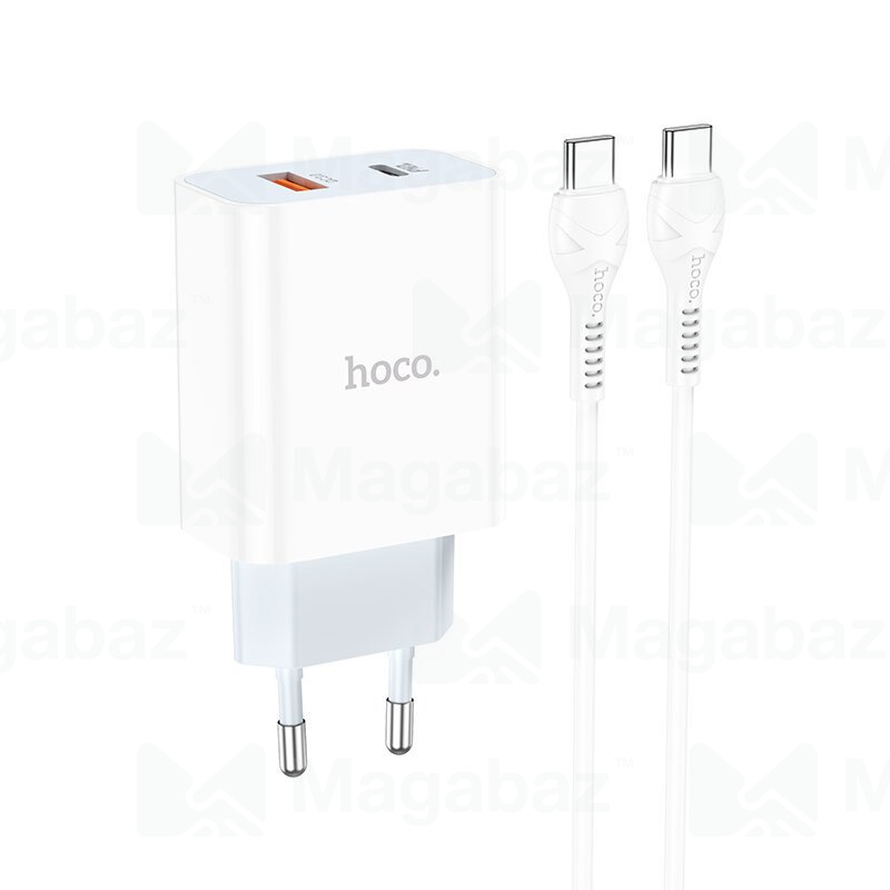 УЗУ блок-сеть_выходы USB Type-C 3000 mA/USB 3000 mA + usb кабель Type-C на Type-C_HOCO_C97A_PD20W_бе