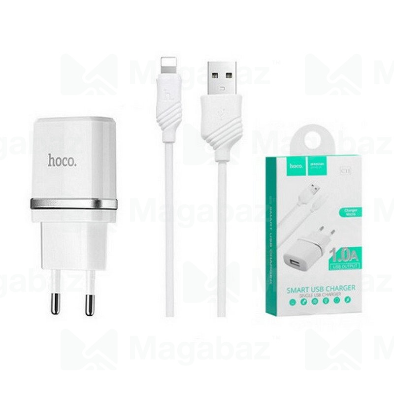 УЗУ блок-сеть_выход USB 1000 mA_+ usb кабель Lightning_HOCO_C11_белый