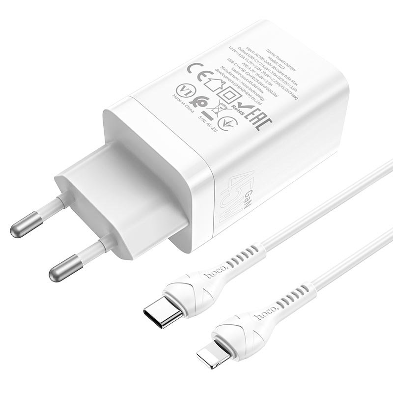 УЗУ блок-сеть_выходы USB Type-C 3000 mA/USB Type-C 3000 mA + usb кабель Type-C на Lightning_HOCO_N23