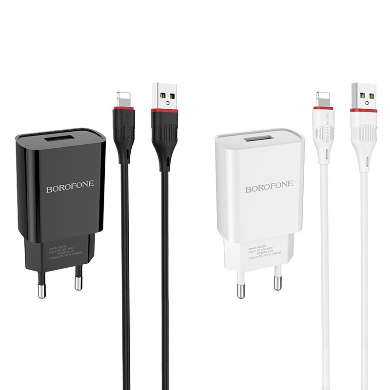 УЗУ блок-сеть_выход USB 2100 mA_+ usb кабель Lightning_Borofone_BA20A_черный