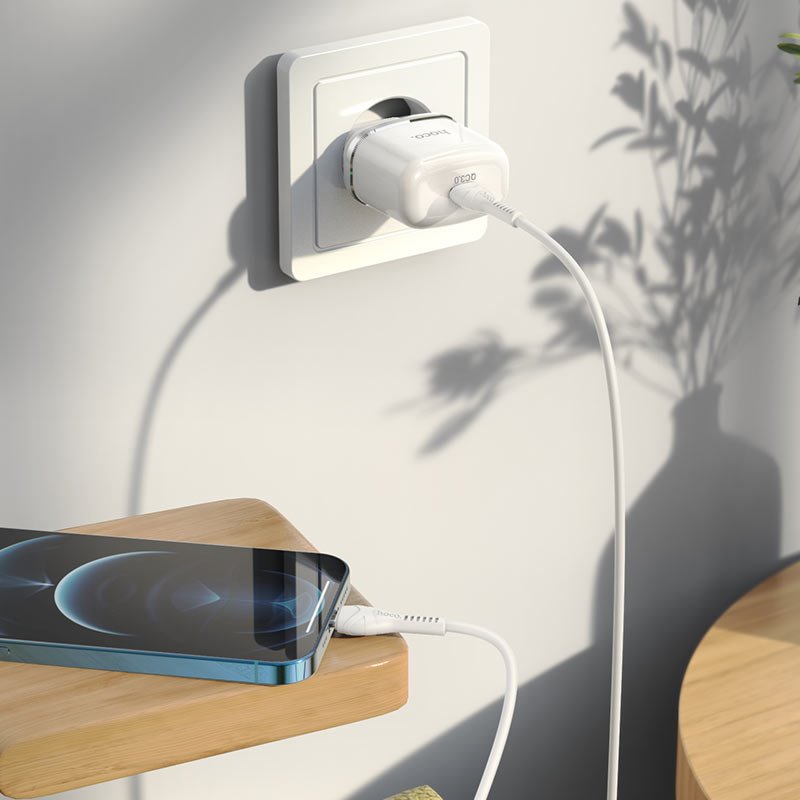 УЗУ блок-сеть_выход USB Type-C 3000 mA + usb кабель Type-C на Lightning_HOCO_N24_PD20W_PD3.0_белый_Q